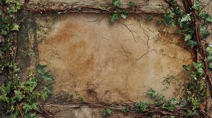 Rustic wooden frame with ivy vines and a textured, earthy-toned wall, for adding text