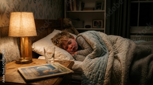 Child Sleeping Peacefully Beside A Nightstand Lamp