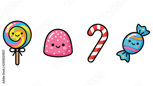 Photos Cute cartoon candy set with colorful lollipop jelly bean candy cane and wrapped candy