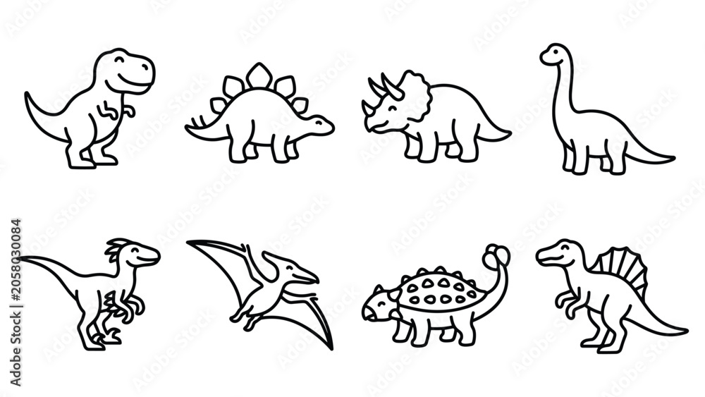 Fototapeta premium Outline set of cute dinosaurs vector illustration. funny cartoon dino characters collection.