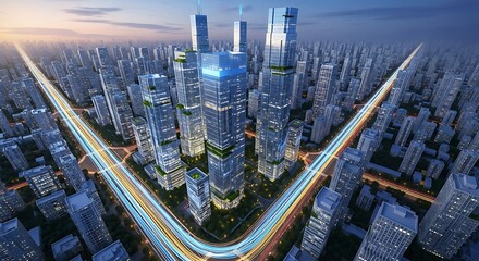 Futuristic City Skyline with Illuminated High Rise Towers and Bright Curved Roads
