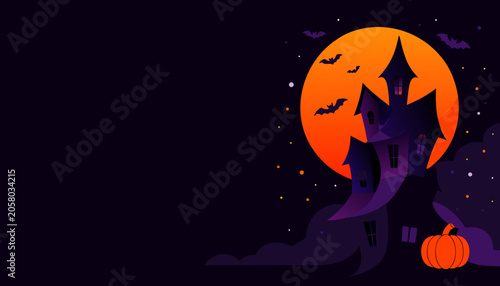 Spooky Haunted House Halloween Vector Background with Full Moon and Jack-O-Lantern Pumpkin for Festive Holiday Party Invitations and Greeting Cards