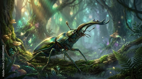 Fantasy beetle in a magical glowing forest with giant mushrooms