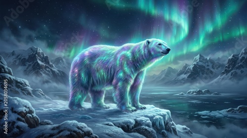 Majestic polar bear standing on rocky terrain under aurora borealis night sky