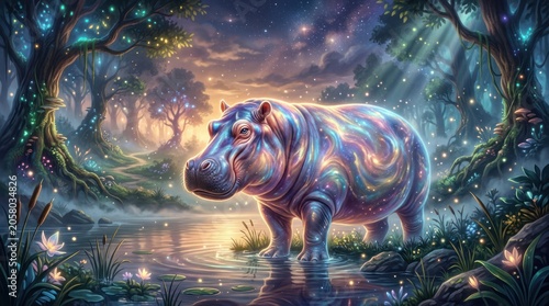 Fantasy rainbow hippopotamus standing in an enchanted forest stream with magical lights