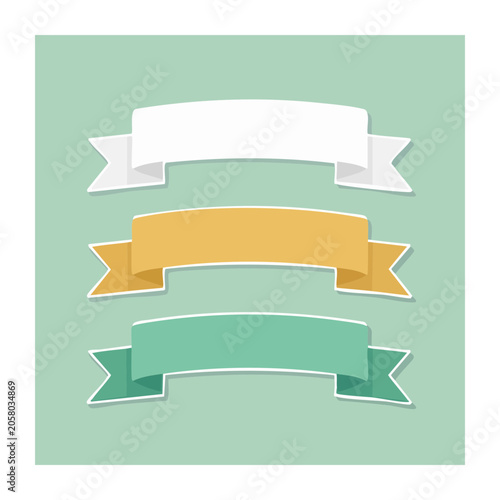Three flat design ribbon banners on light green background