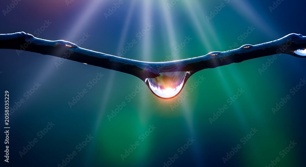 Fototapeta premium Close up of a water drop reflecting sunlight on a branch