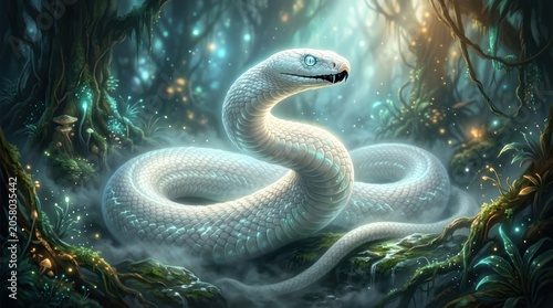 Mythical white serpent coiled in a magical enchanted forest scene