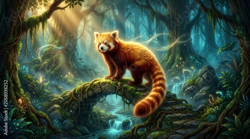 Red panda sitting on a mossy branch in a mystical glowing forest environment