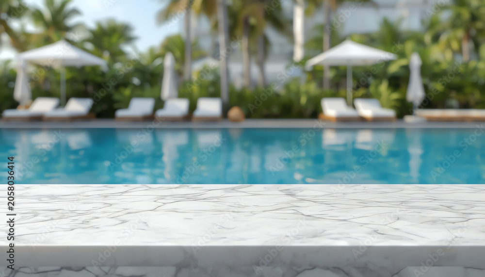 Fototapeta premium Empty marble table in front with blurred background of swimming pool (4)