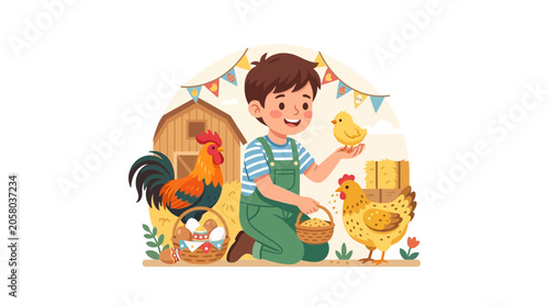 Schilderij op canvas A young boy in overalls interacting with chickens and a rooster on a farm