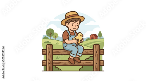 Quadro su tela A young boy wearing a straw hat and overalls sitting on a wooden fence holding a small yellow chick