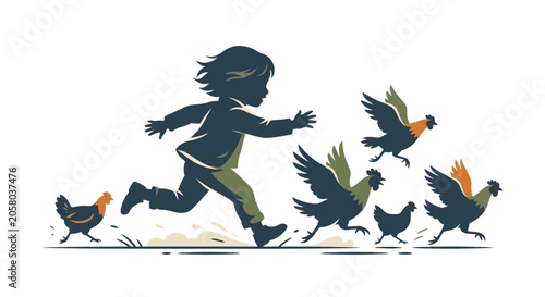 фотографія A child running through a group of chickens in a playful outdoor scene