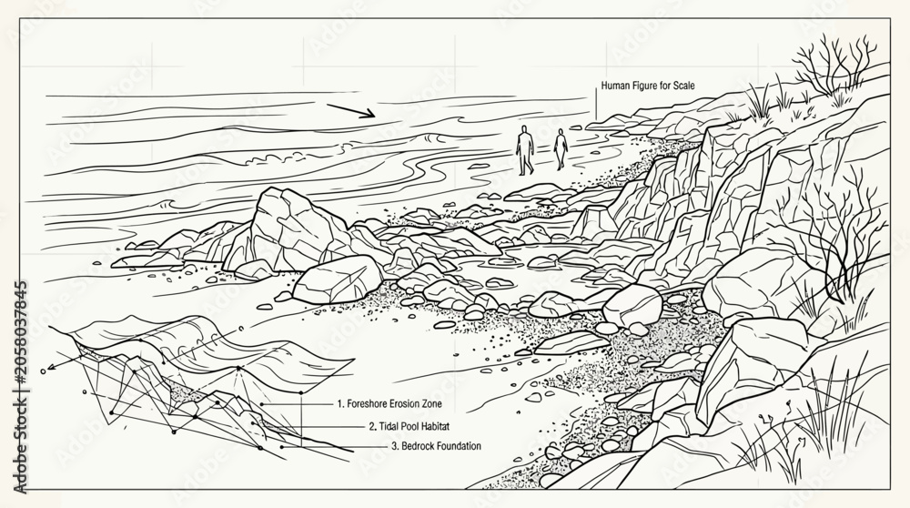 Obraz premium Coastal Erosion Diagram with Foreshore, Tidal Pool, and Bedrock Labels