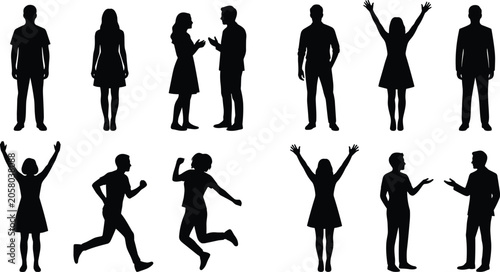 Fotografie Minimalist black silhouettes of diverse people in active and standing poses show