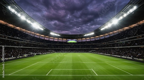 Large soccer stadium filled with spectators under a dramatic twilight sky