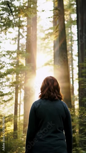 Serene video, gender-neutral person (back view) in misty forest. Golden hour light, rays through mossy trees, soft bokeh. Concept of mindfulness and connection to nature