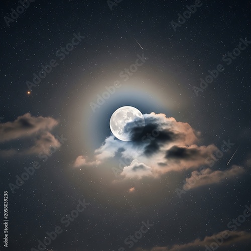 Full moon with halo glowing through night clouds