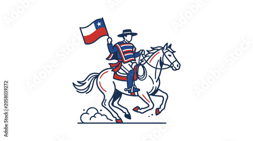 A stylized illustration of a Chilean huaso riding a horse while waving the national flag.