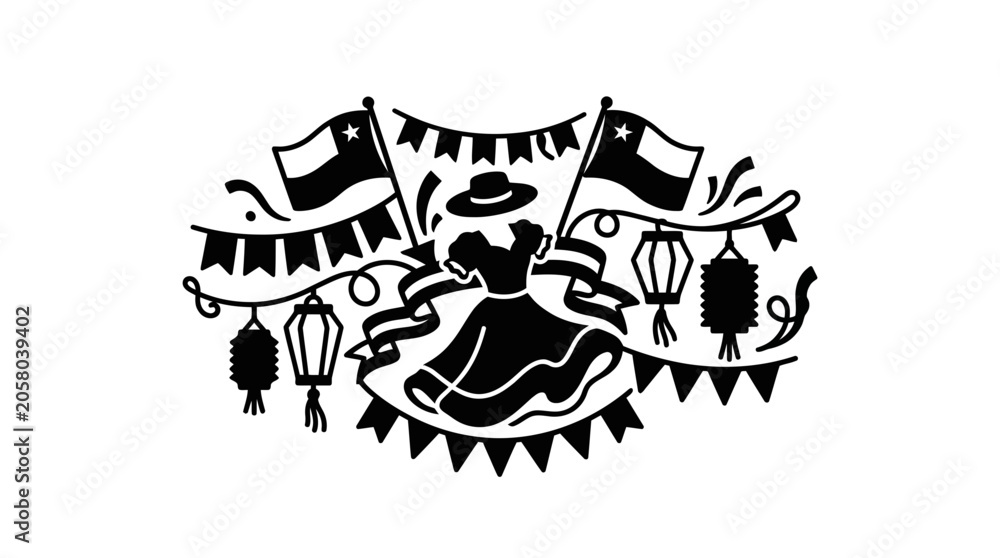 Obraz premium Black and white illustration of Chilean independence day celebration elements.