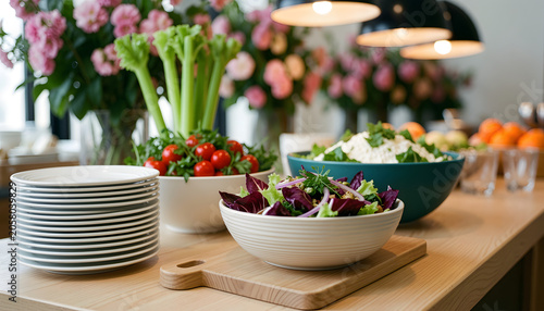  salad bar with multiple salad, A salad bar offering a variety of fresh, colorful vegetables in multiple bowls, created with generative ai