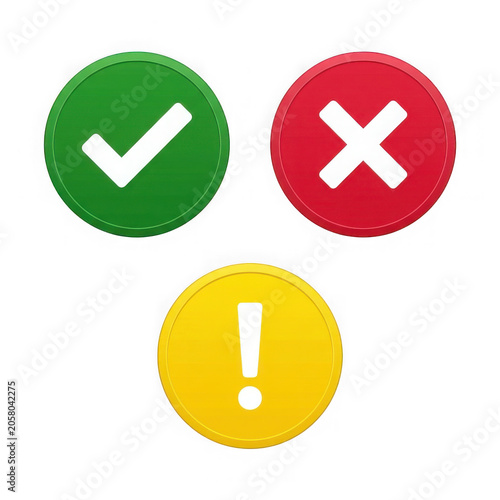 Flat checkmark, cross, and warning icons set