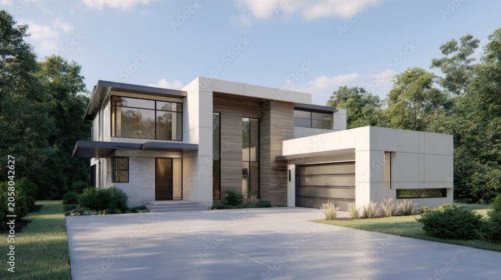 Fototapeta premium Modern luxury house exterior with driveway and trees