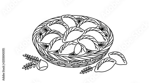 Obraz na płótnie A detailed black and white line art illustration of a woven basket filled with dumplings