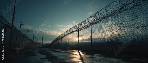 Barbed wire fence in dramatic light