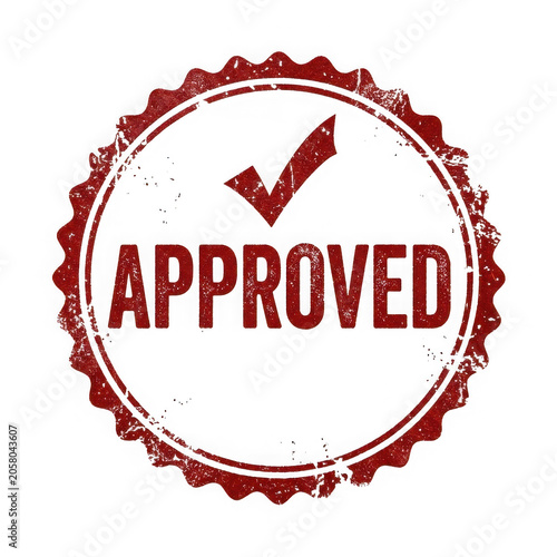 Red approved stamp with checkmark on white background
