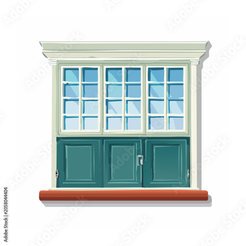 Illustration of a window with teal shutters and glass panes
