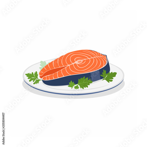 Illustration of salmon fillet on a plate with parsley