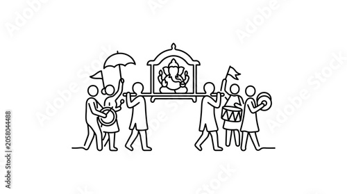 Tableau sur toile Line art illustration of a traditional Indian Ganesh Chaturthi festival procession with devotees