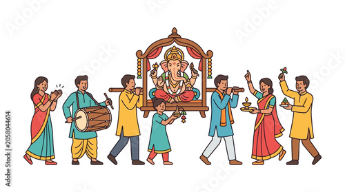 Fotografi Group of people celebrating Ganesh Chaturthi festival with traditional music and idol procession