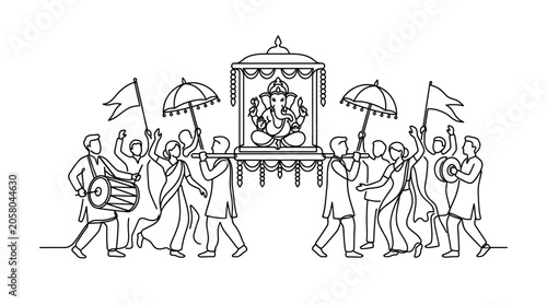 Fotografie Line art illustration of a festive Ganesh Chaturthi procession with devotees carrying an idol