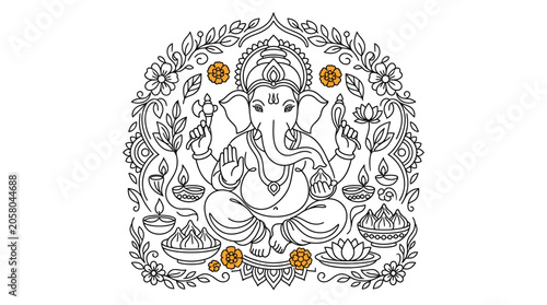 Photos Line art illustration of Lord Ganesha sitting in a meditative pose with floral decorations