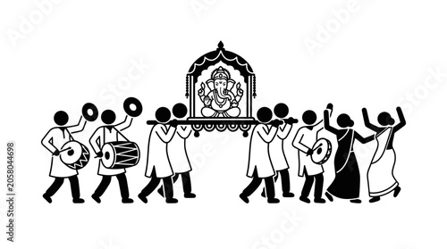 Tableau sur toile A black and white illustration of a festive Ganesh Chaturthi procession with people dancing and playing drums