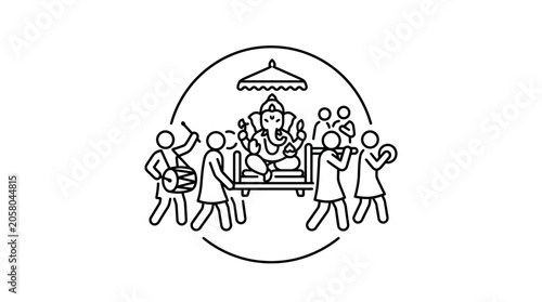 Foto Line art illustration of a Ganesha idol procession with musicians and devotees