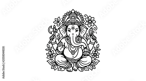 Tableau sur toile Intricate black and white line art illustration of Lord Ganesha seated in a meditative pose