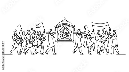 Foto Line art illustration of a festive Indian procession carrying a Ganesha idol