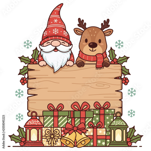 Santa Claus Christmas card with gifts and reindeer winter holiday cartoon vector illustration design