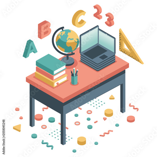 Cartoon office worker illustration of a man working on a laptop in an office workspace