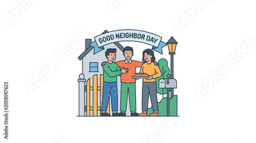 Three diverse neighbors standing together in front of a house celebrating Good Neighbor Day.