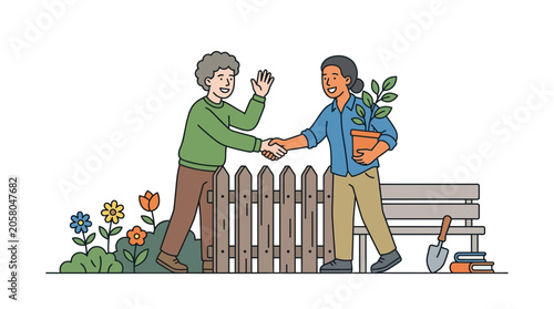 Two friendly neighbors shaking hands over a wooden garden fence.