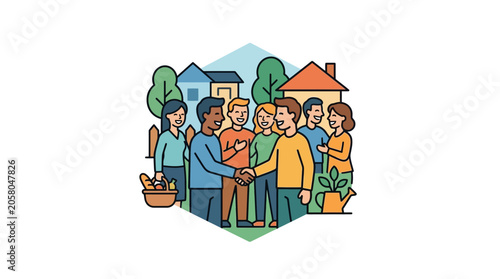Photos A diverse group of neighbors gathering and shaking hands in a friendly community setting