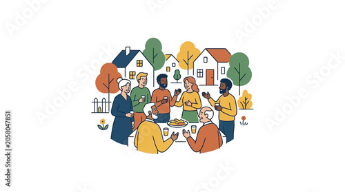 A diverse group of neighbors gathered around a table for an outdoor community meal.