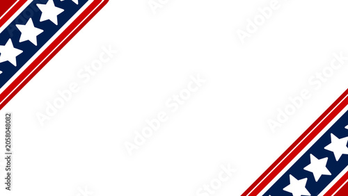 Patriotic American banner border template featuring red, white and blue corner elements with white stars and transparent center space. Ideal for Fourth of July, Independence Day, elections, and etc.
