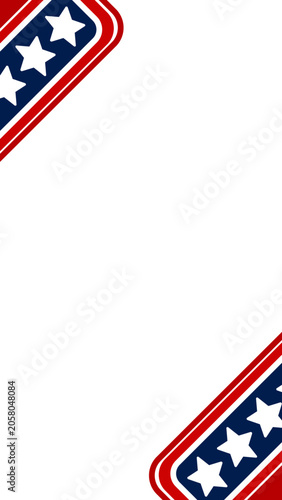 Patriotic American banner border template featuring red, white and blue corner elements with white stars and transparent center space. Ideal for Fourth of July, Independence Day, elections, and etc.