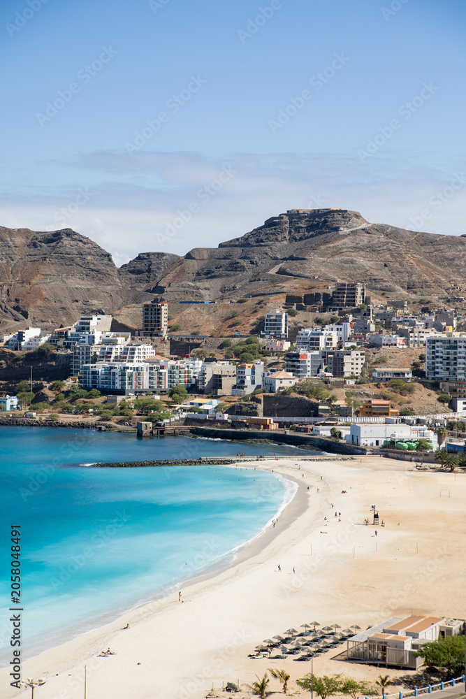 Fototapeta premium Wide Turquoise Bay and Sandy Beach of Mindelo Sao Vicente