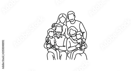 Line art illustration of a happy multi-generational family portrait.